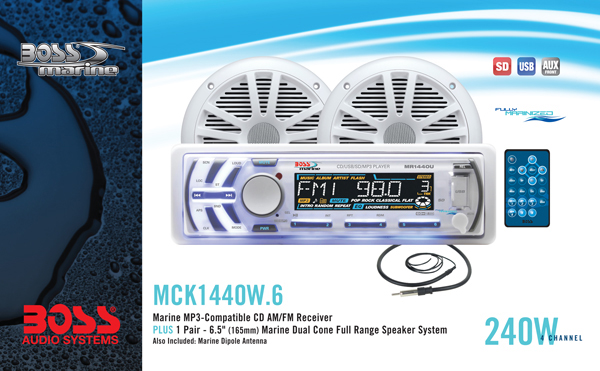 Boss Audio MCK1440W.6 Combo Kit Includes MR1440U Receiver, One Pair 6.5 MR6W Marine Speakers, MRANT10