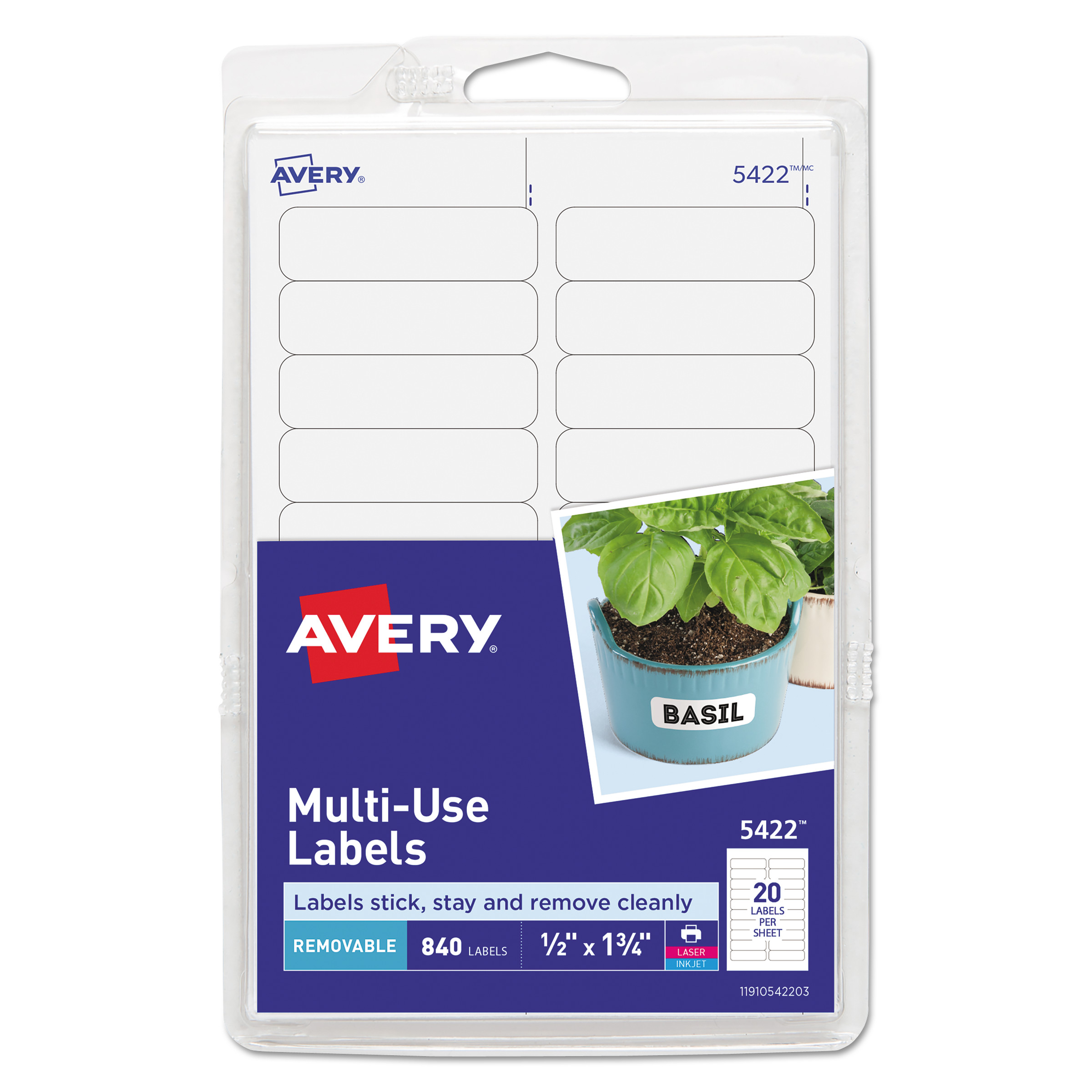 Avery Removable MultiUse Labels, Inkjet/Laser Printers, 0.5 x 1.75, White, 20/Sheet, 42 Sheets