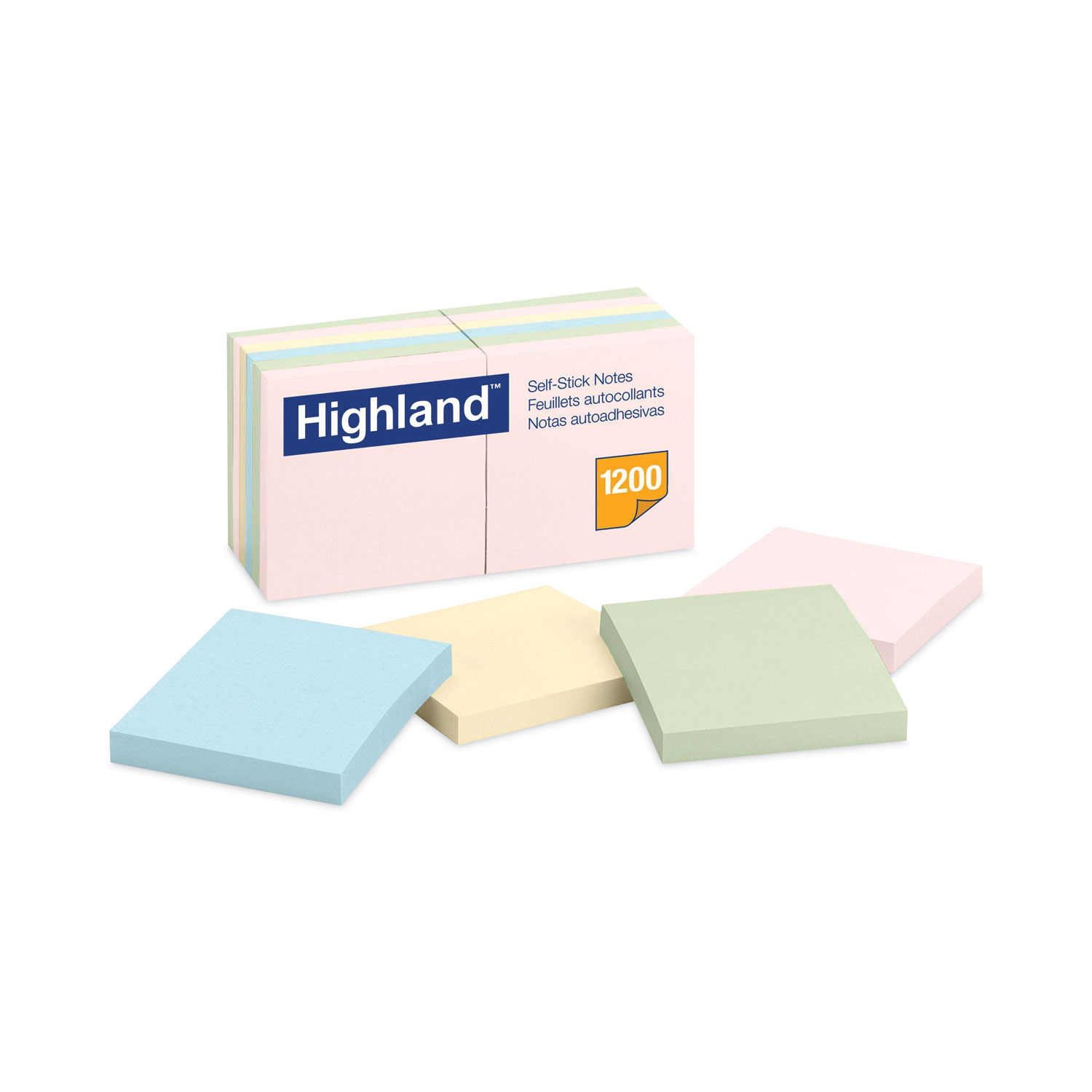 Highland SelfStick Notes, 3" x 3", Assorted Pastel Colors, 100 Sheets