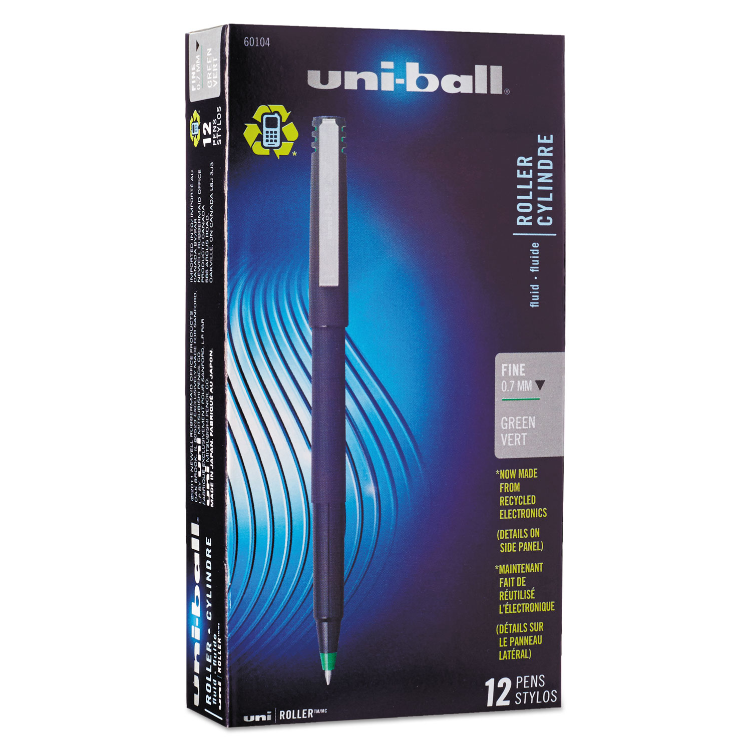 uniball Stick Roller Ball Pen, Fine 0.7mm, Green Ink, Black Matte