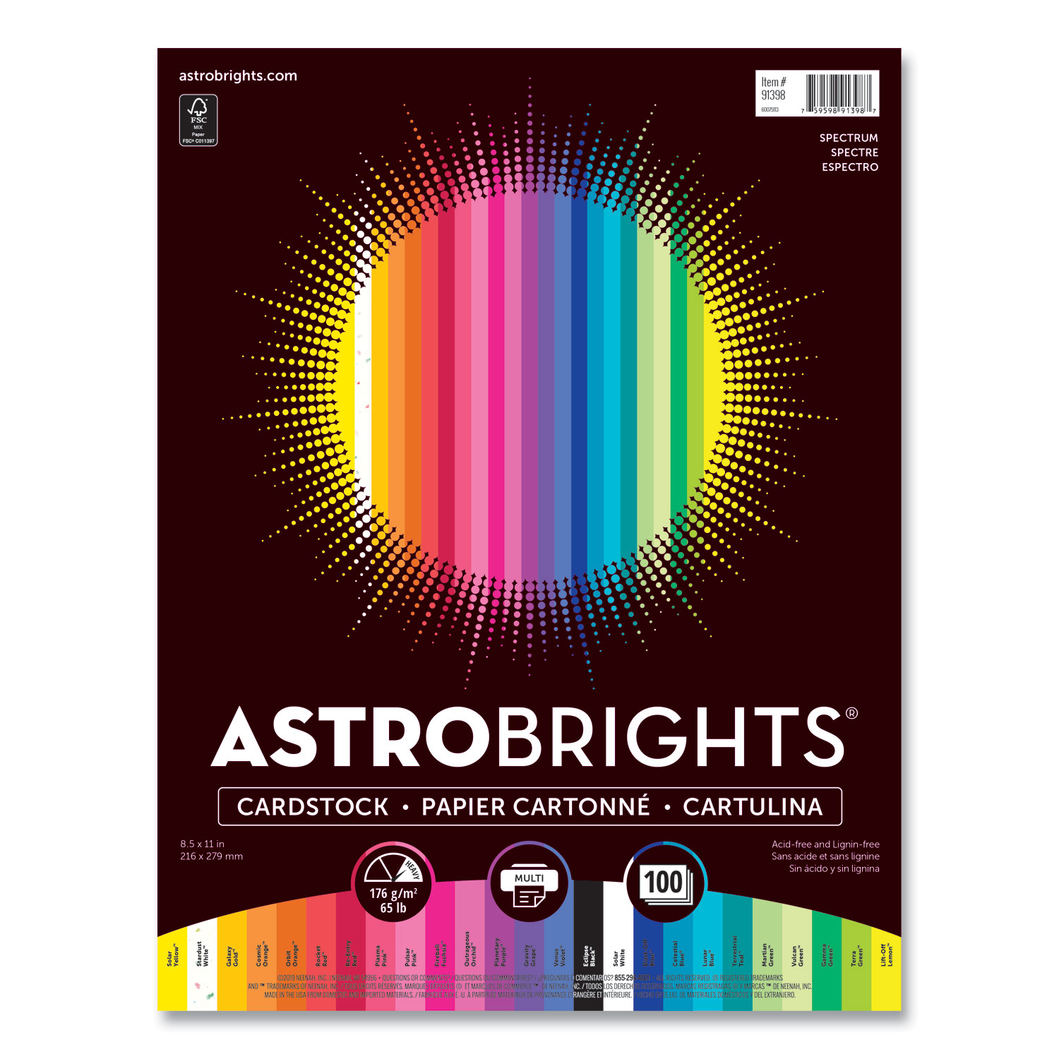 Astrobrights Color Cardstock "Spectrum" Assortment, 65lb, 8.5 x 11