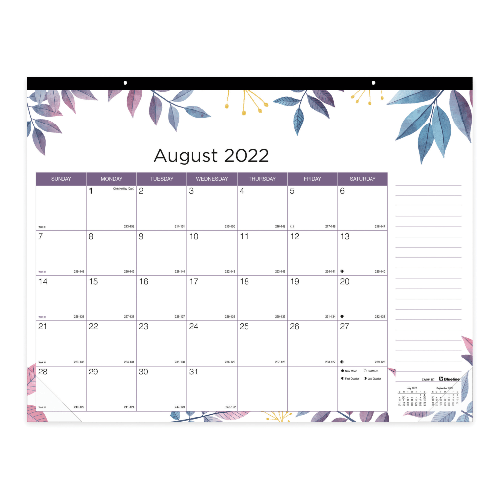 Blueline Colorful Monthly Academic Desk Calendar, 22" x 17", Foliage