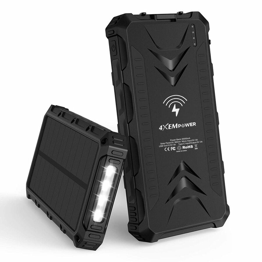 4XEM 20,000 maH Mobile Solar Power Bank and Charger (Black