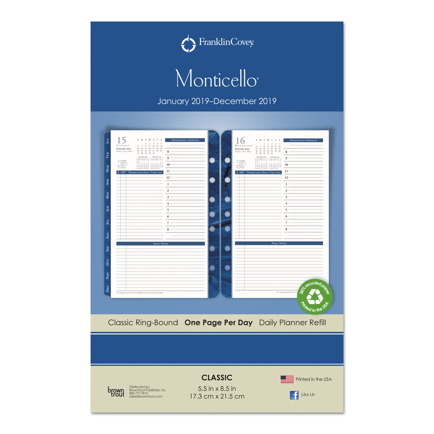 FranklinCovey Monticello Dated One Page per Day Planner Refill 5 1 2 X