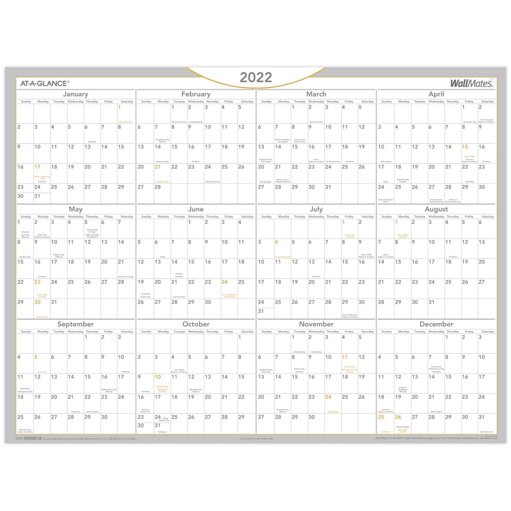 AT A GLANCE WallMates Self Adhesive Dry Erase Yearly Calendar 24 X 18 