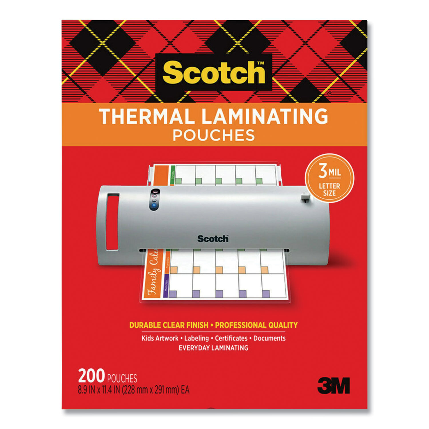 Scotch Laminating Pouches, 3 mil, 9" x 11.5", Gloss Clear, 200/Pack