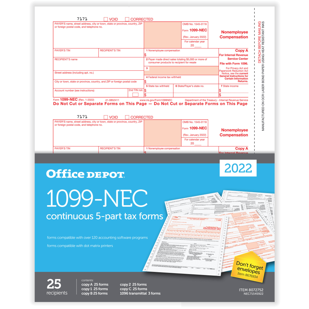 1099NEC Continuous Tax Forms, 5Part, 3Up, 9" x 11", Pack Of 25 Form