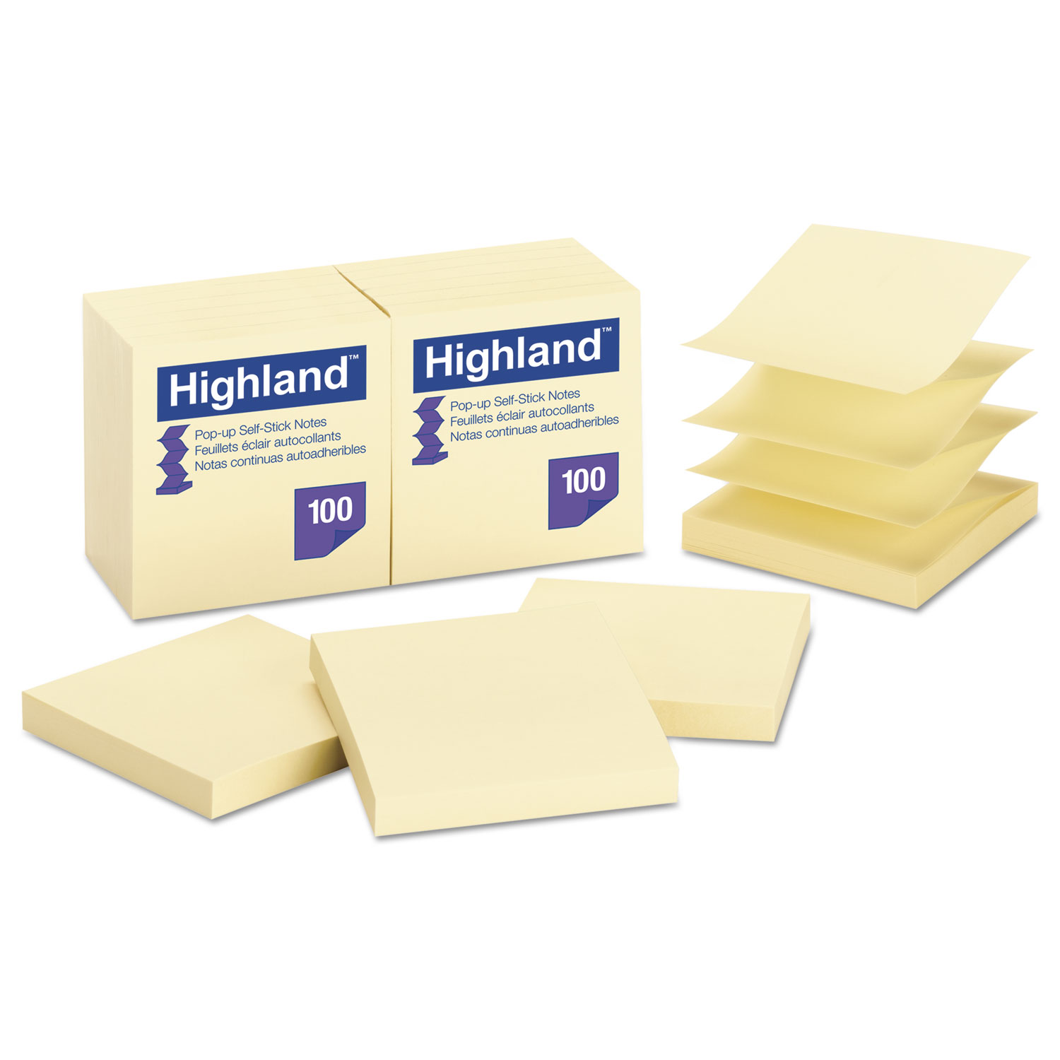 Highland SelfStick Popup Notes, 3" x 3", Yellow, 100 Sheets/Pad, 12