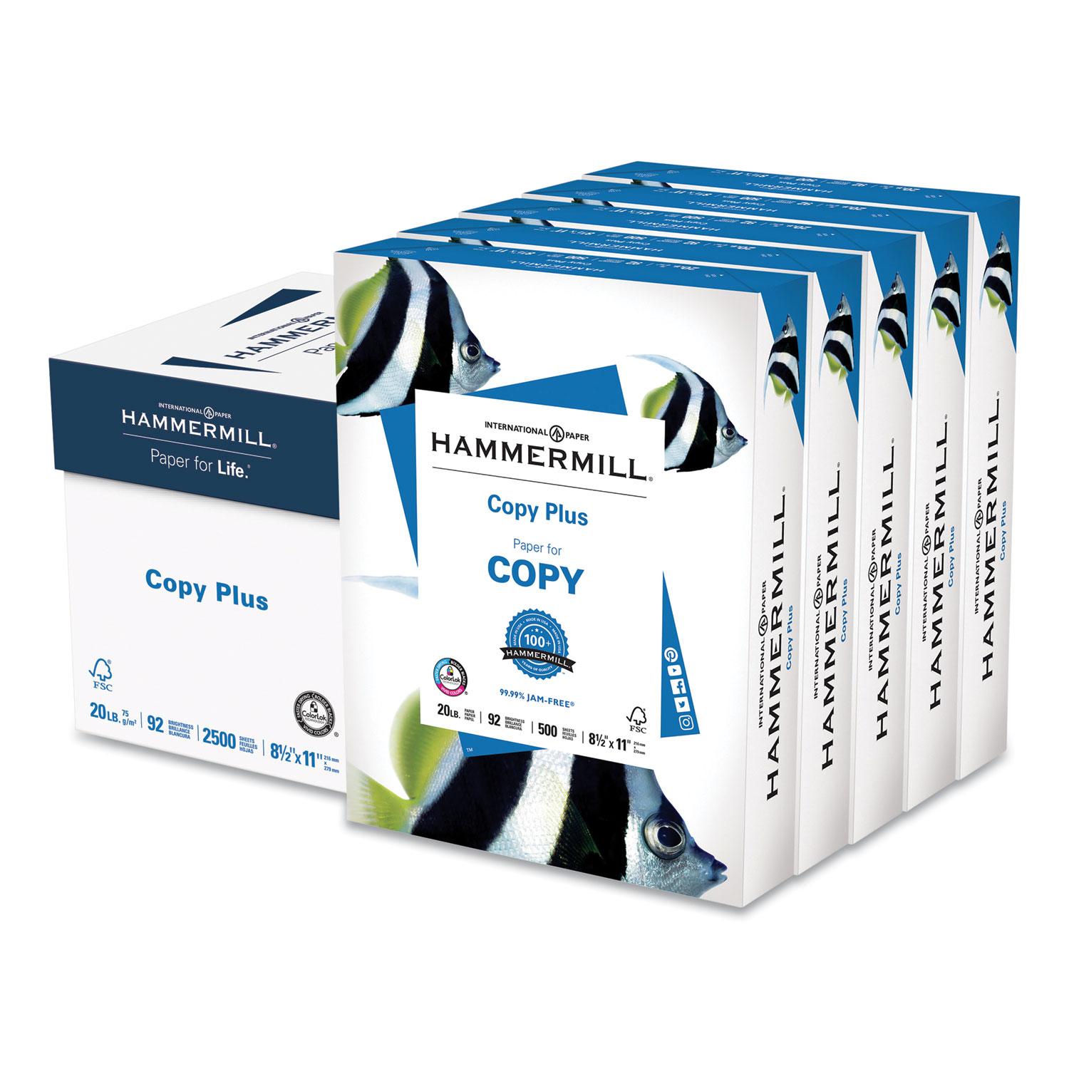 Hammermill Copy Plus Print Paper, 92 Bright, 20 lb, 8.5 x 11, White, 500 Sheets/Ream, 5 Reams