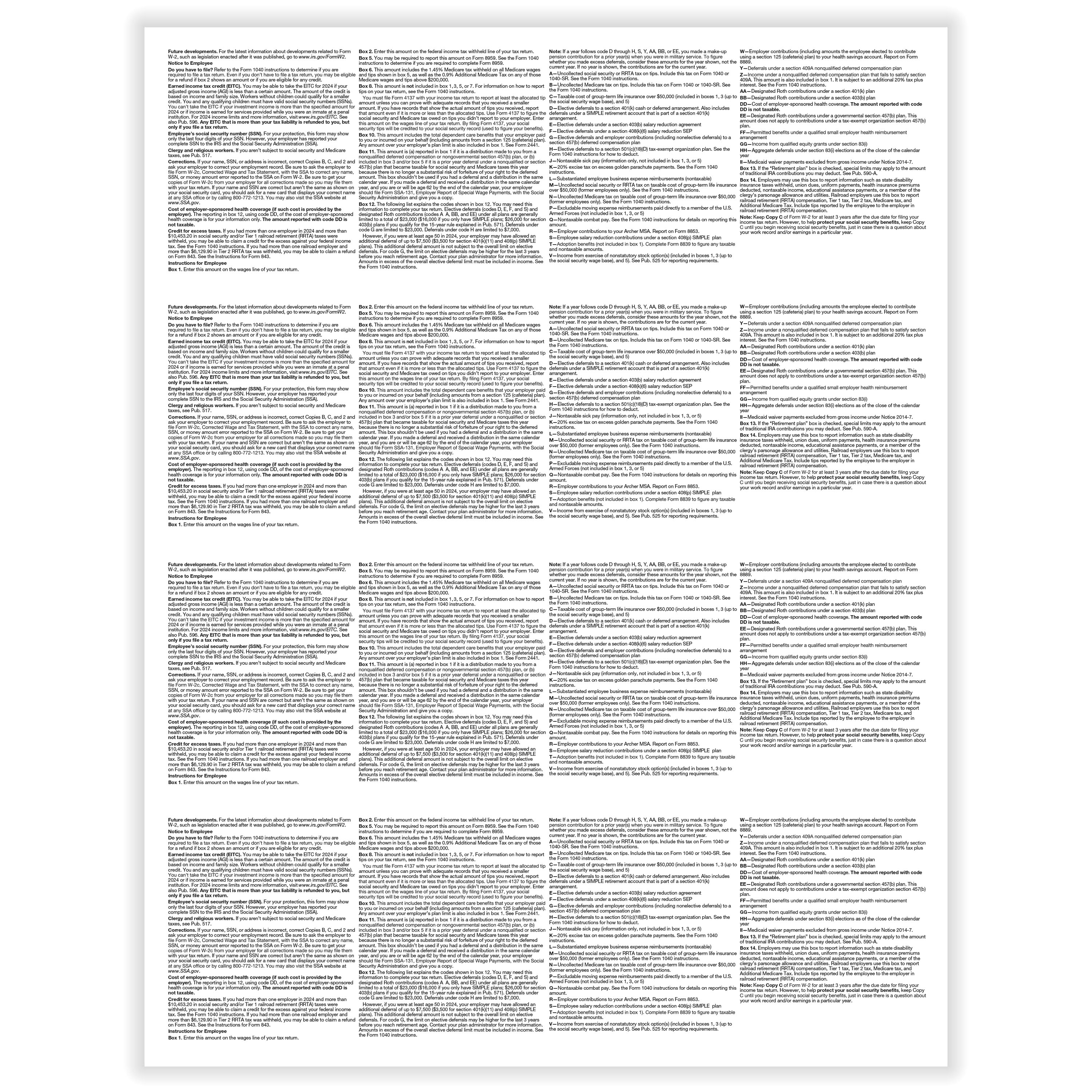 ComplyRight W-2 Tax Forms, Blank Face With Backer Instructions, 4-Up ...