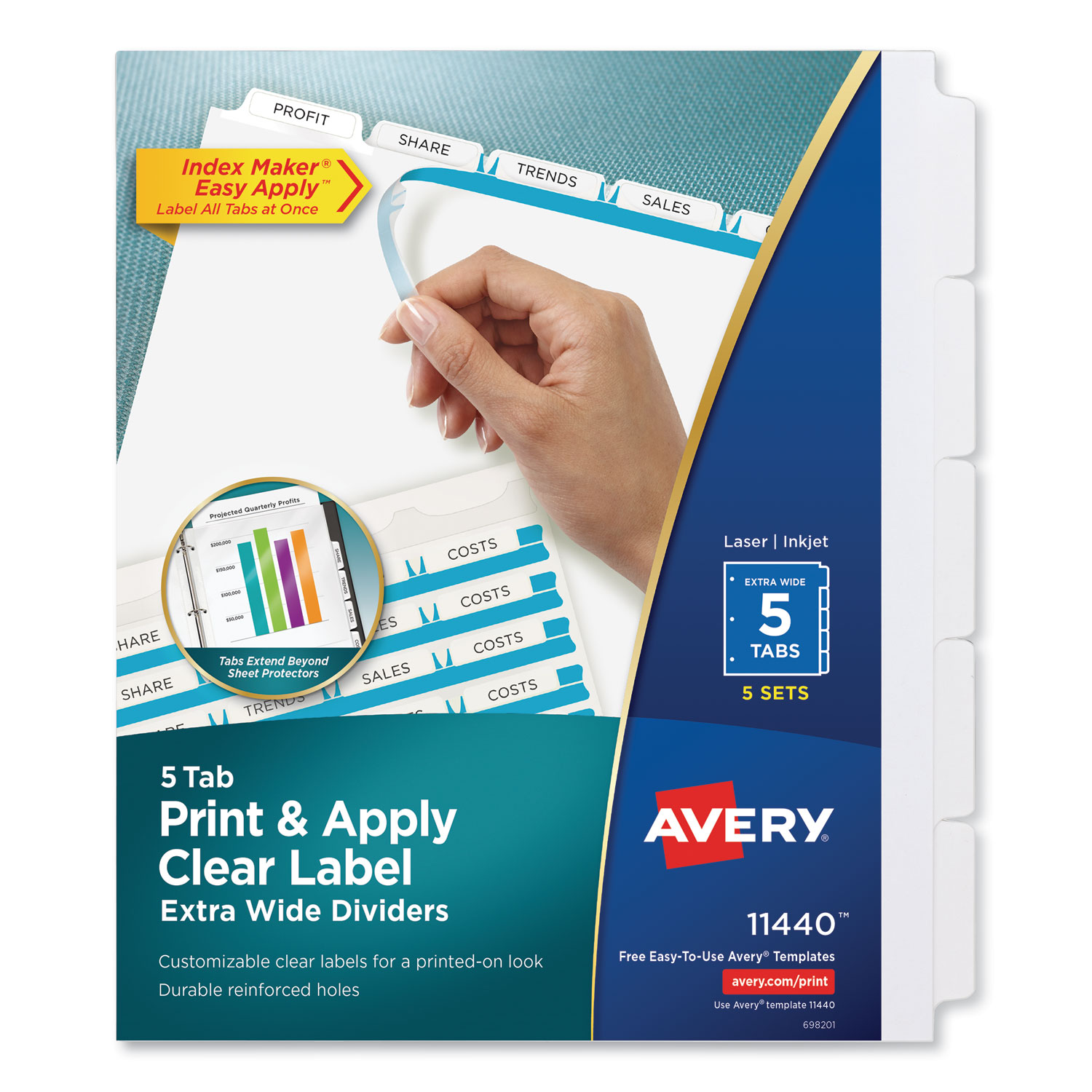 Avery Print & Apply Clear Label Dividers, 5Tab, White Tab, Letter, 5