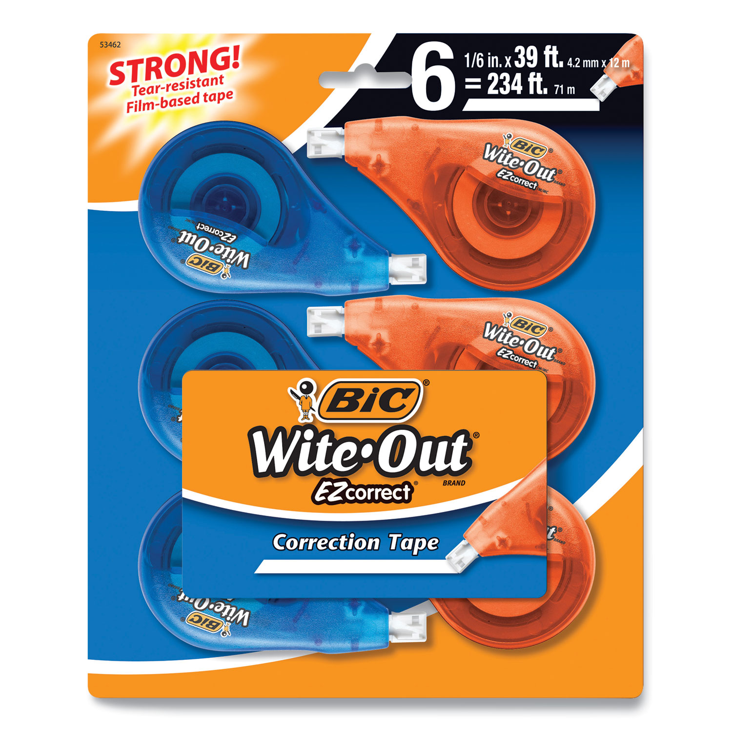 BIC WiteOut EZ Correct Correction Tape, NonRefillable, 0.17" x 468", White Tape, 6/Pack