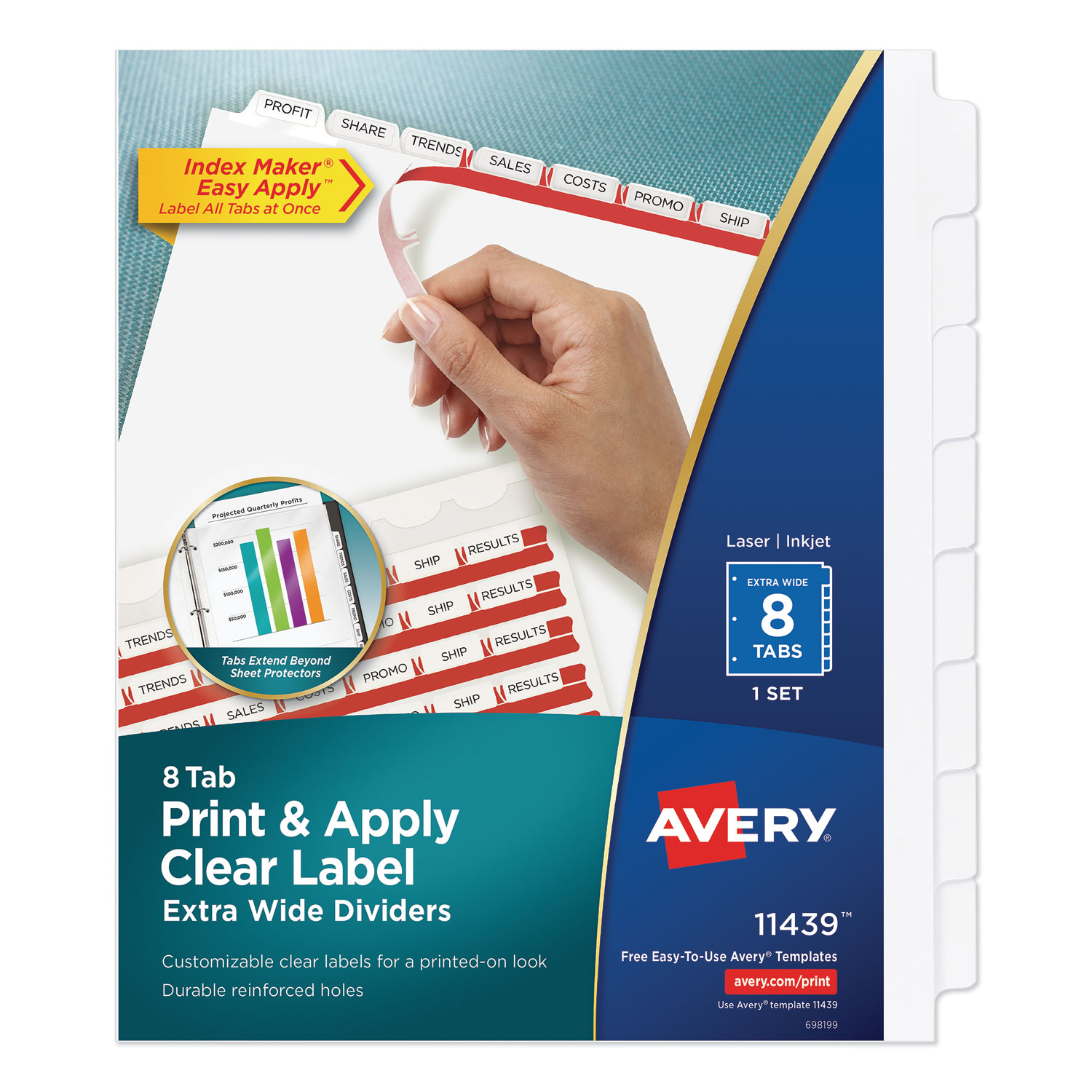 Avery Print & Apply Clear Label Dividers, 8Tab, White Tab, Letter, 1