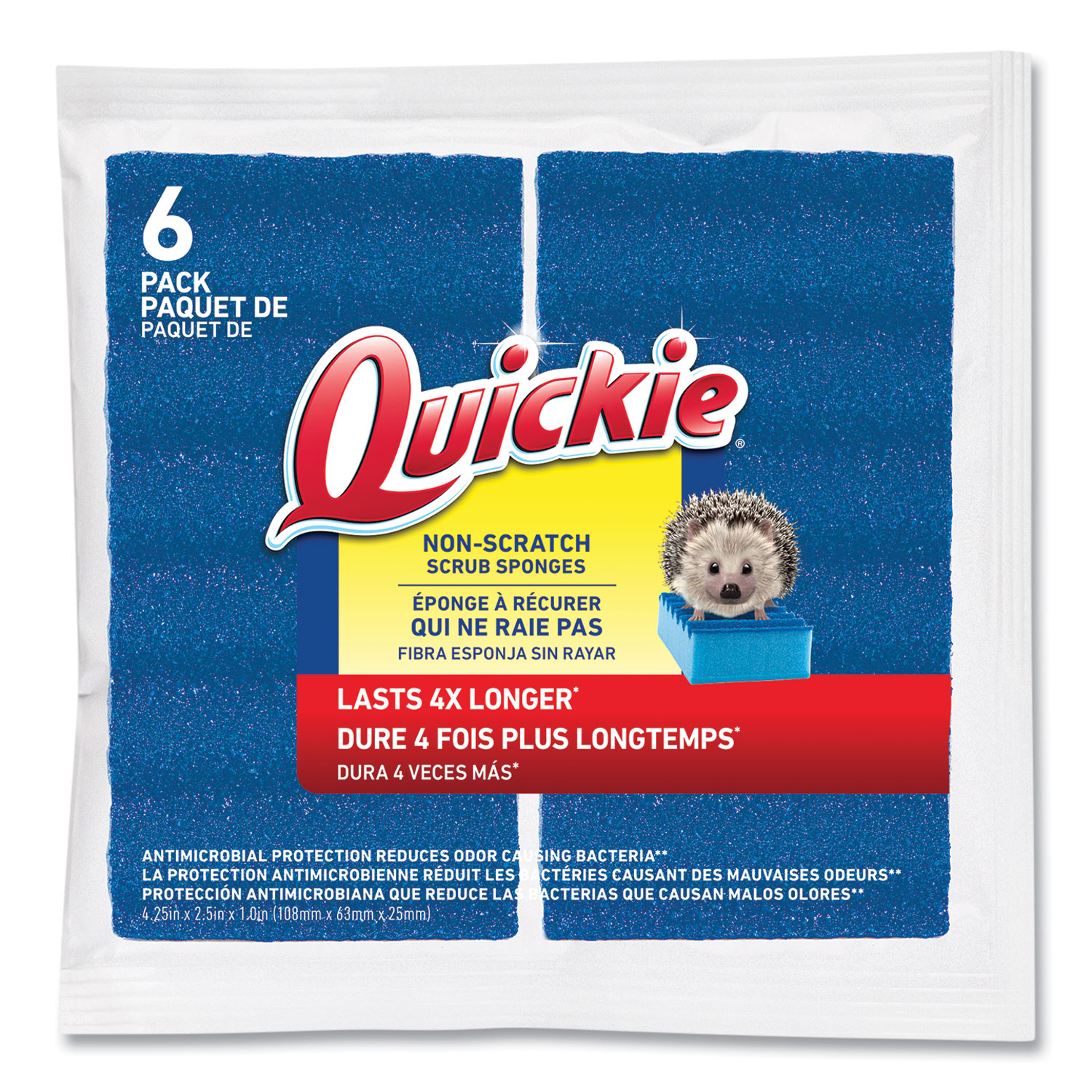 Quickie NonScratch Scrub Sponges, 4.25 x 2.5, Blue, 6/Pack