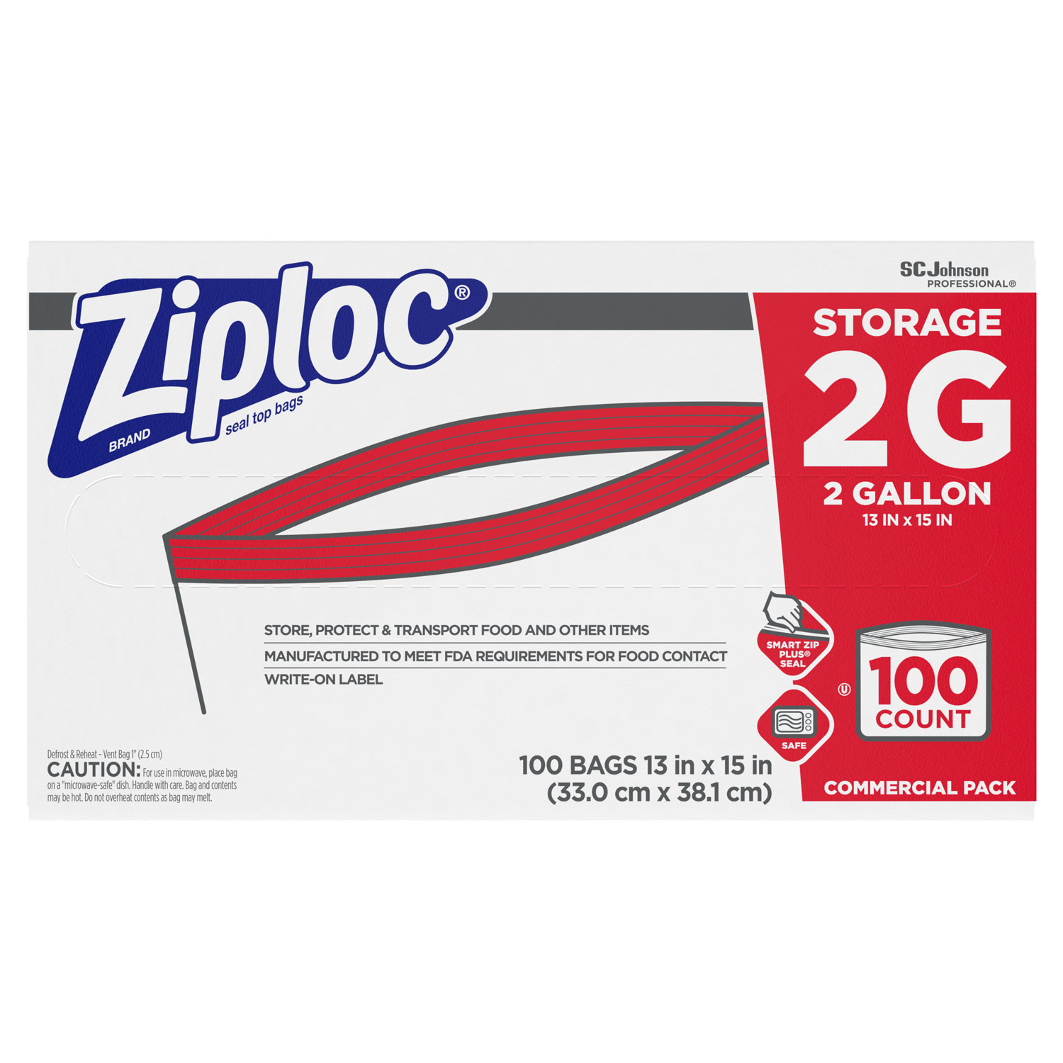 Ziploc Double Zipper Storage Bags, 2 gal, 1.75 mil, 15" x 13", Clear