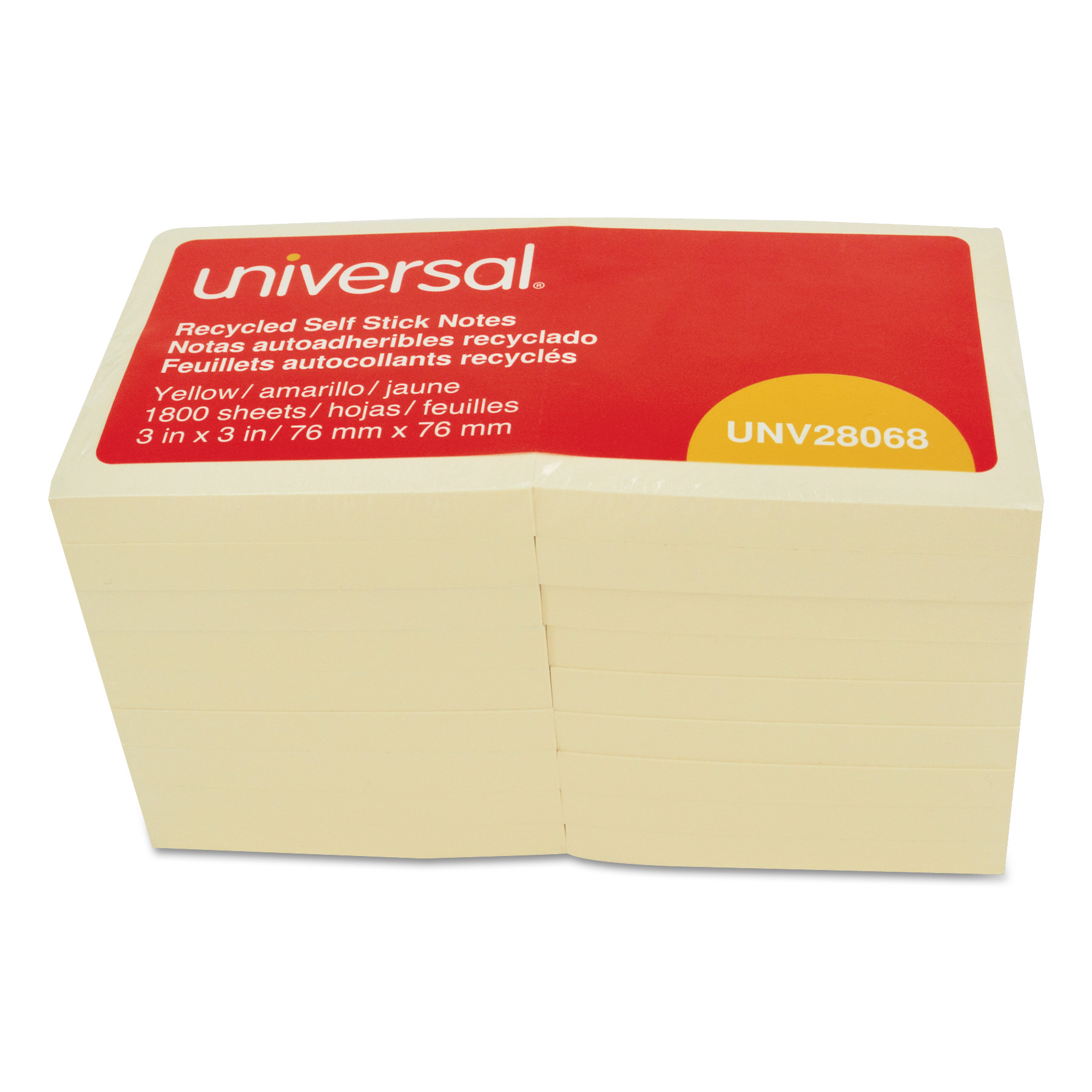 Universal Recycled SelfStick Note Pads, 3 x 3, Yellow; 100Sheet, 18