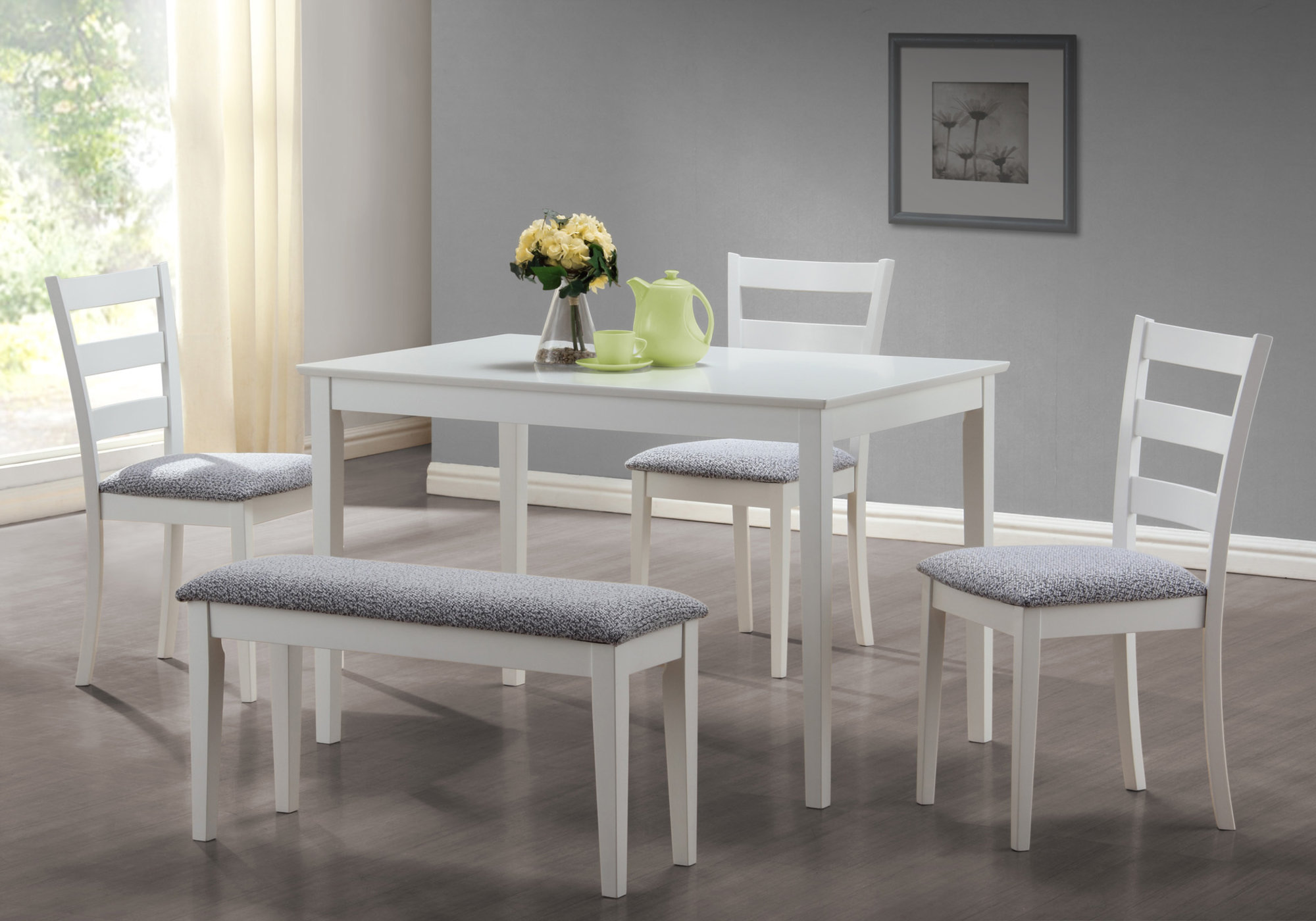 DINING SET 5PCS SET / WHITE BENCH AND 3 SIDE CHAIRS