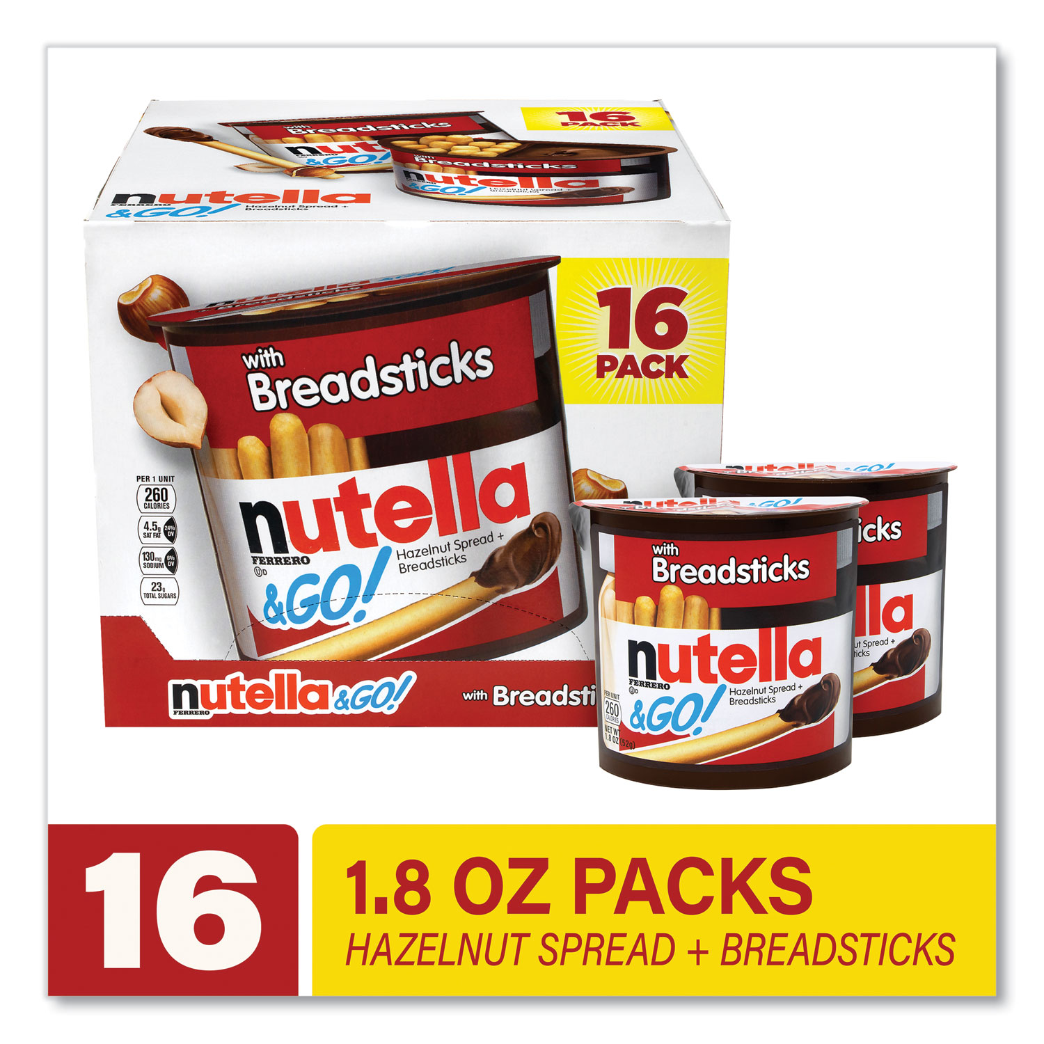 Nutella Hazelnut Spread and Breadsticks, 1.8 oz SingleServe Tub, 16