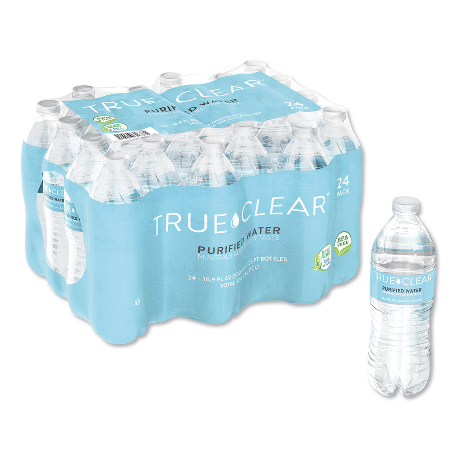 True Clear Purified Bottled Water, 16.9 oz Bottle, 24 Bottles/Carton