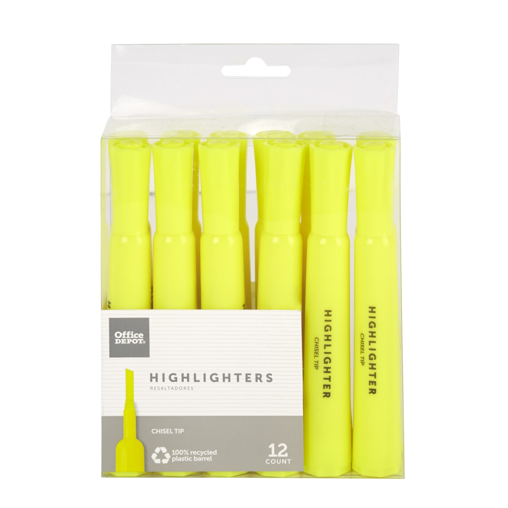 ChiselTip Highlighters, 100 Recycled, Fluorescent Yellow, Pack Of 12