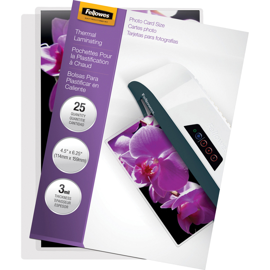 Fellowes Laminating Pouches, 3 mil, 4.5" x 6.25", Gloss Clear, 25/Pack