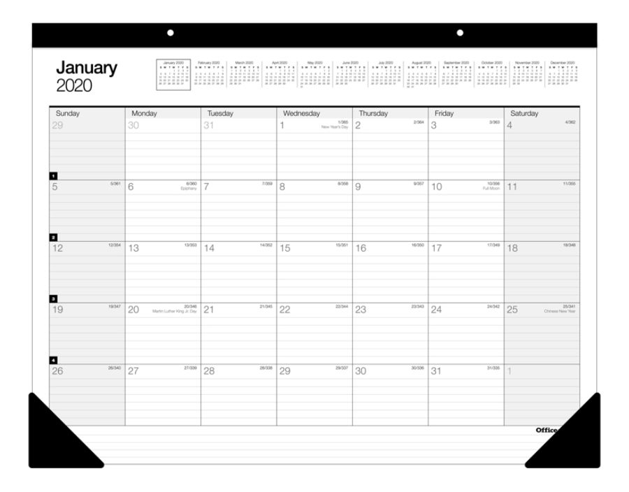 Monthly Desk Pad Calendar, 22" x 17", White, January To December 2020