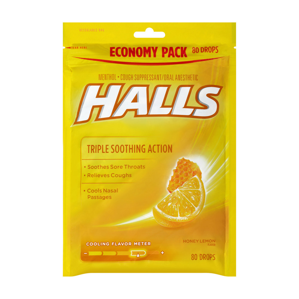 Halls Honey Lemon Cough Drops, 80 Drops Per Bag, Pack Of 2 Bags