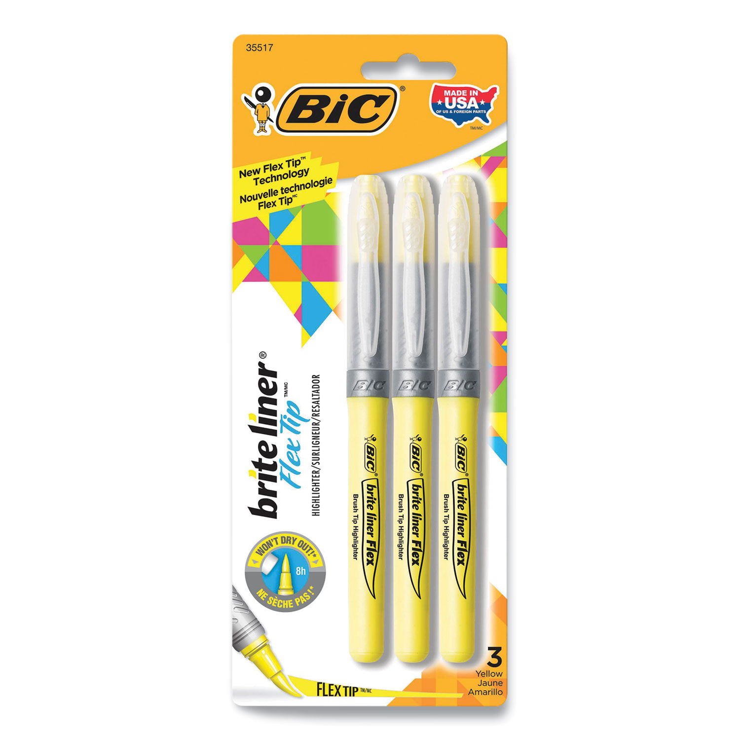 BIC Brite Liner Flex Tip Highlighters, Yellow Ink, Brush Tip, Yellow