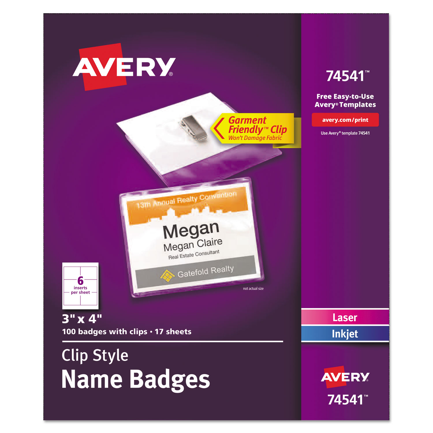 Avery ClipStyle Name Badge Holder with Laser/Inkjet Insert, Top Load