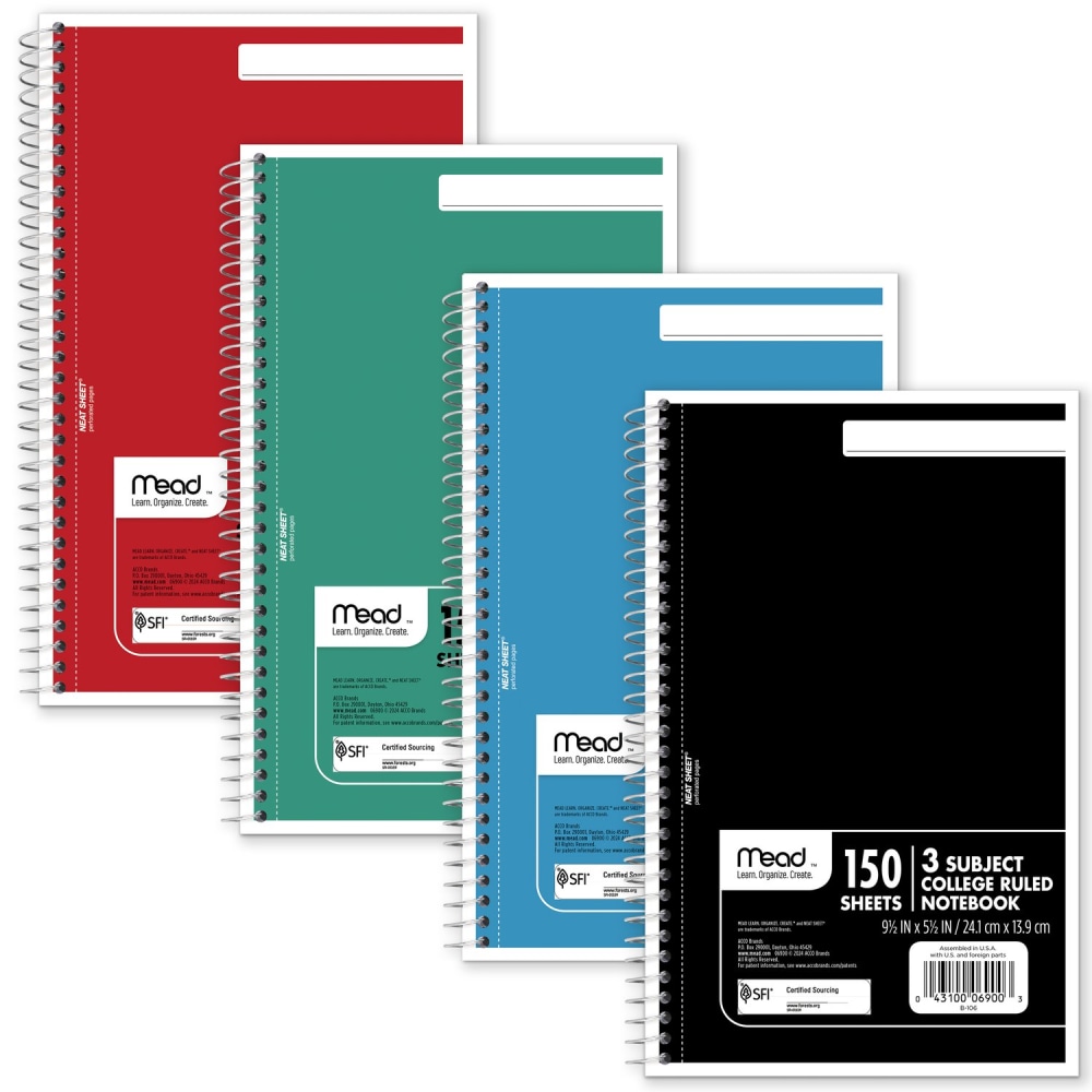 Mead Spiral Notebook, 3-Subject, Medium/College Rule, Randomly Assorted ...