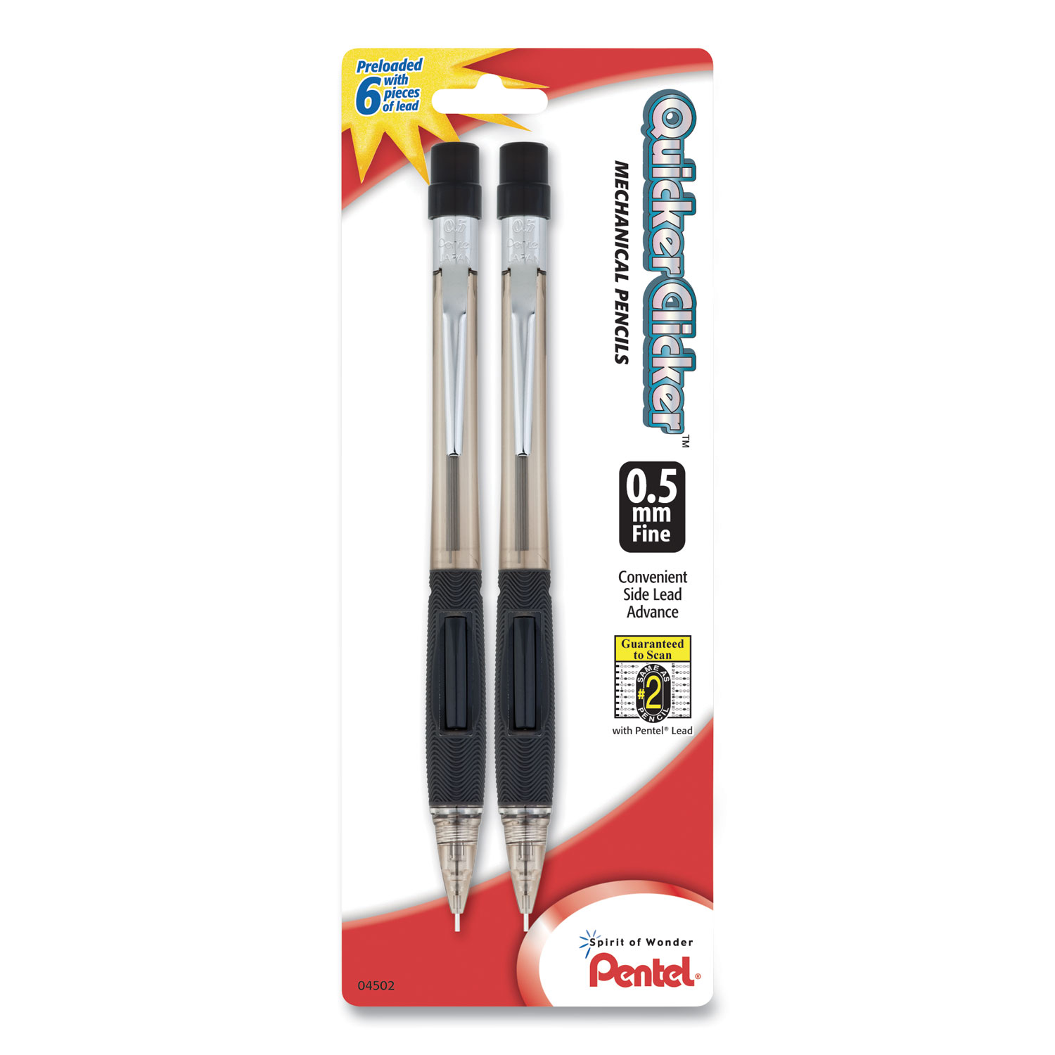 Pentel Quicker Clicker Mechanical Pencil, 0.5 mm, HB (2), Black Lead, Smoke/Black Barrel, 2