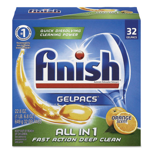 FINISH Dish Detergent Gelpacs, Orange Scent, Box of 32 Gelpacs, 8 Boxes/Carton