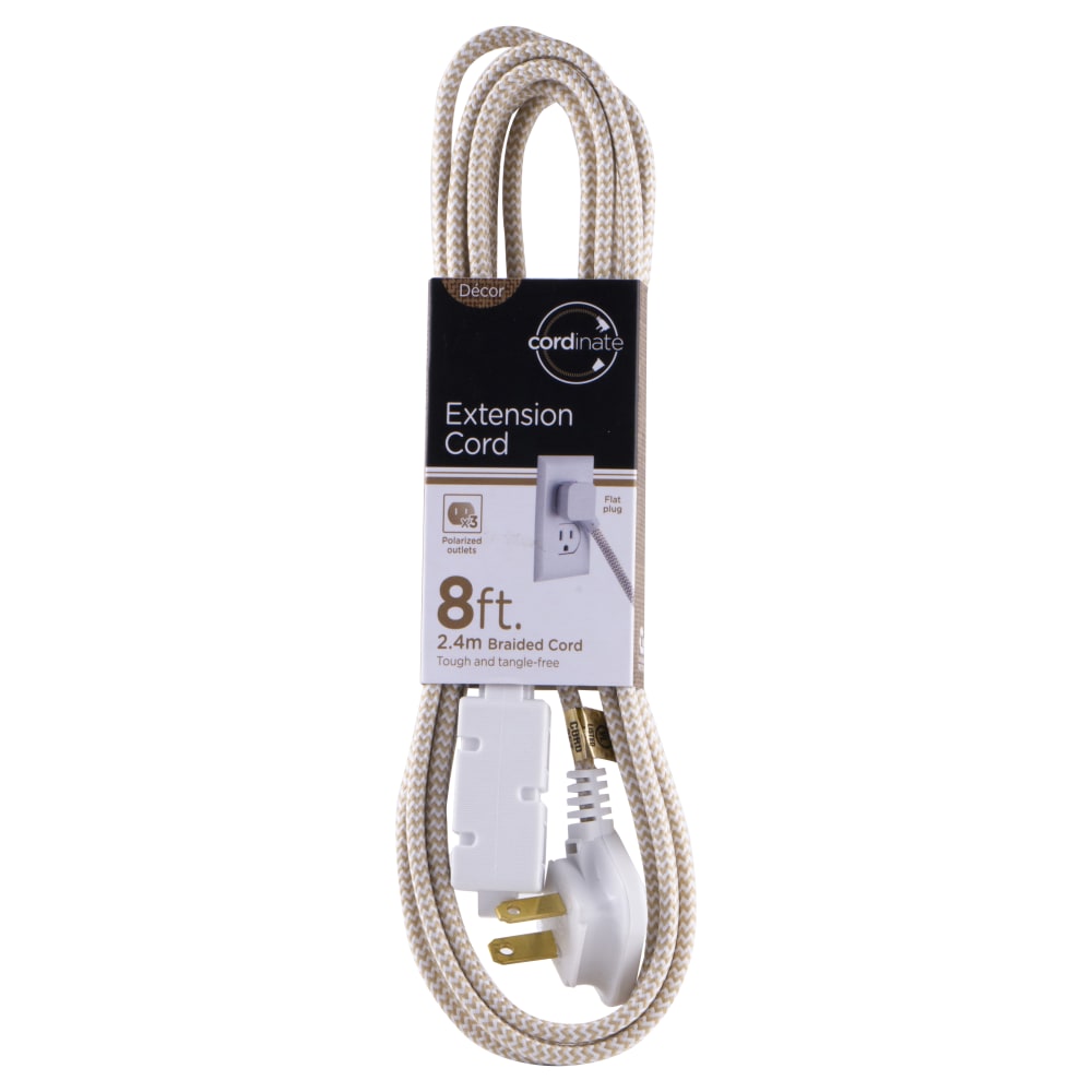 Cordinate Braided 3Outlet Extension Cord, 8', Tan/White