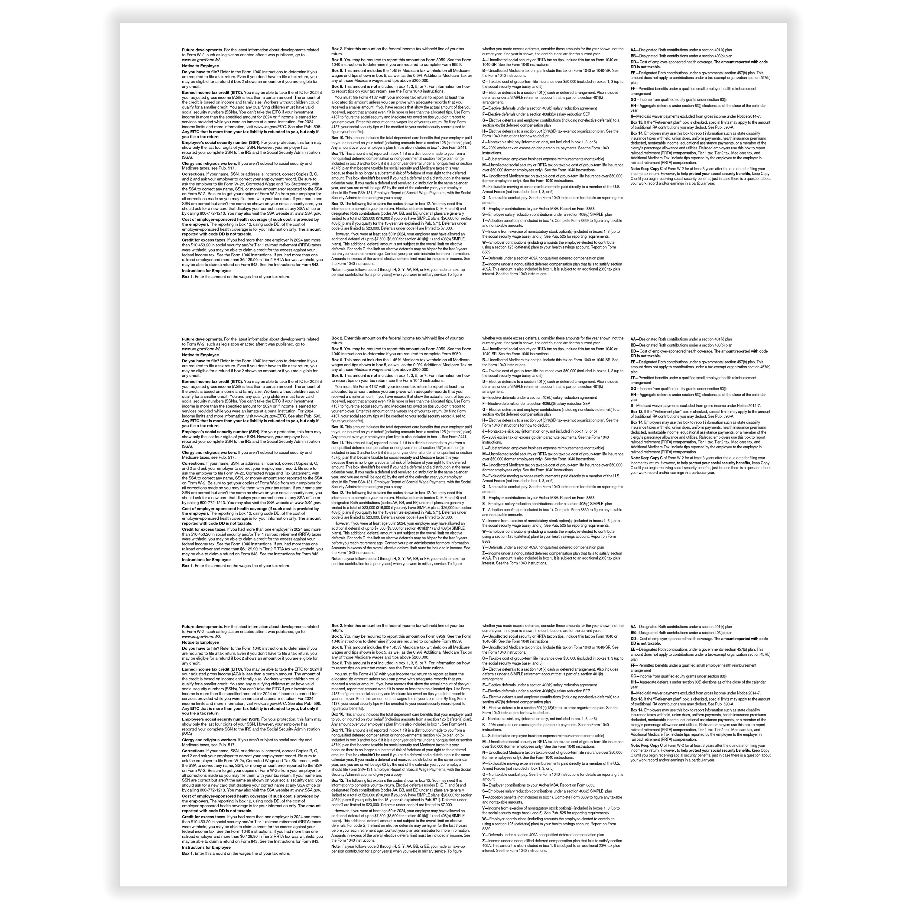 ComplyRight W-2 Tax Forms, Blank Face With Backer Instructions WITH ...