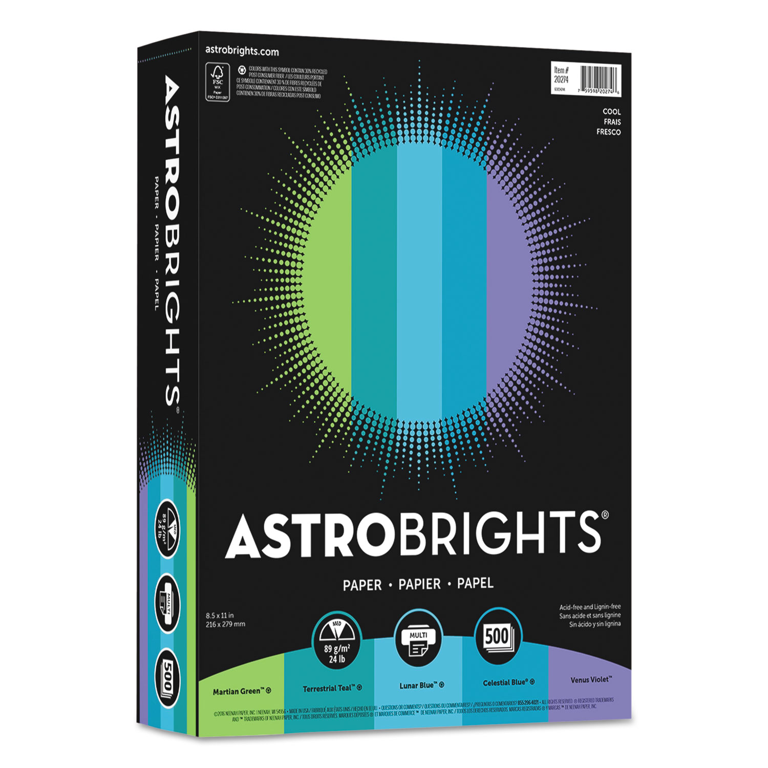 Astrobrights Color Paper, 24 lb, 8 1/2 x 11, "Cool" Assortment, 500