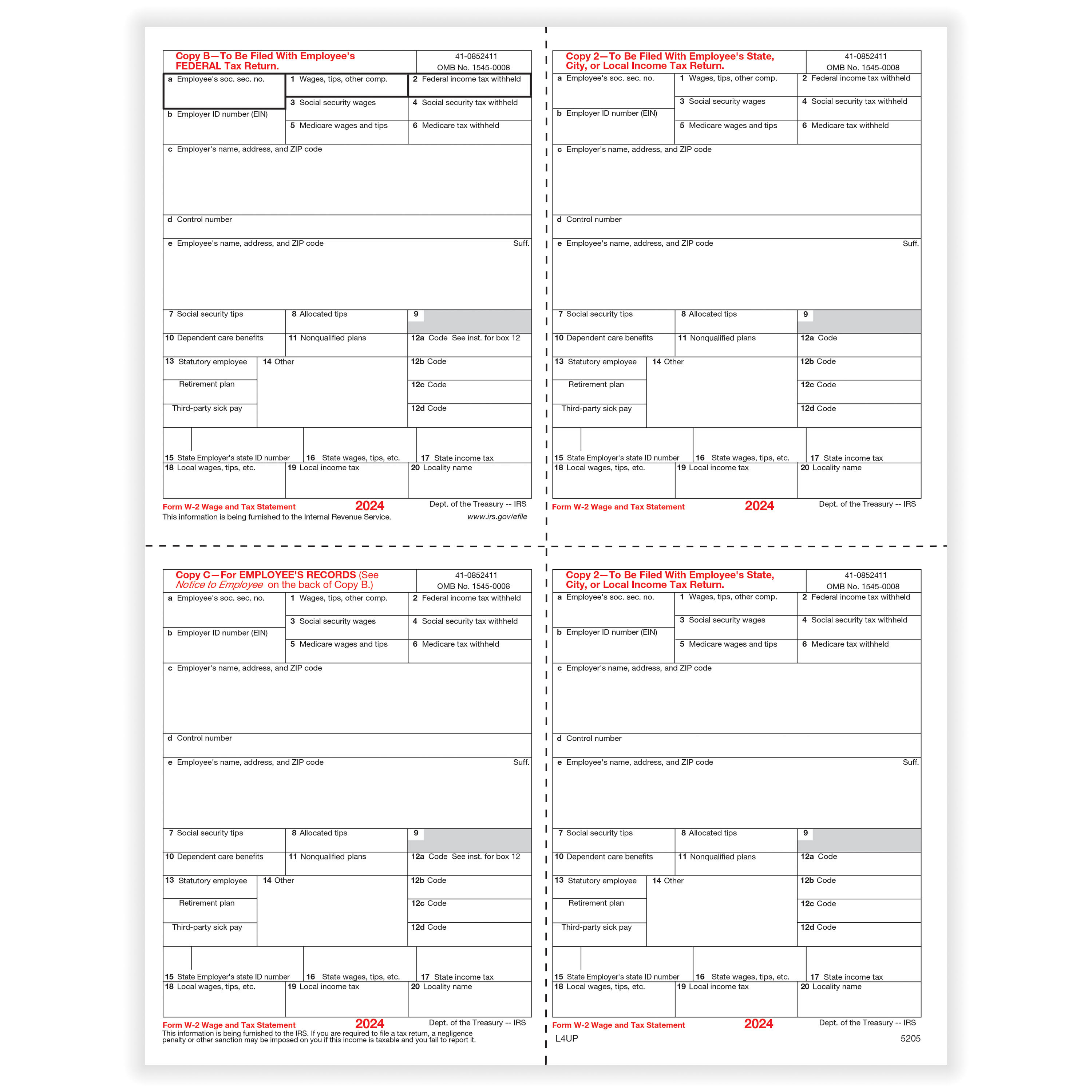 Form 98 Format ComplyRight W-2 Tax Forms, 4-Up (Box Format), Employee's Copies B, C, 2 ...