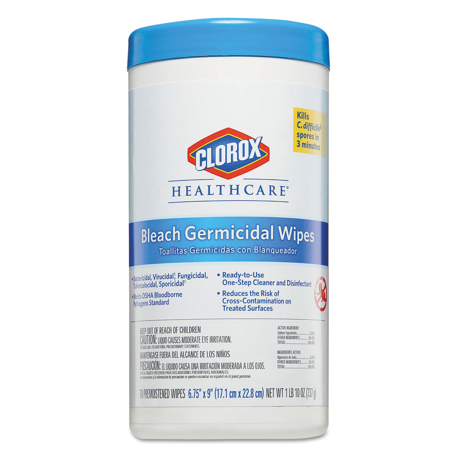 Clorox Healthcare Bleach Germicidal Wipes, Unscented, 63/4 x 9, 70