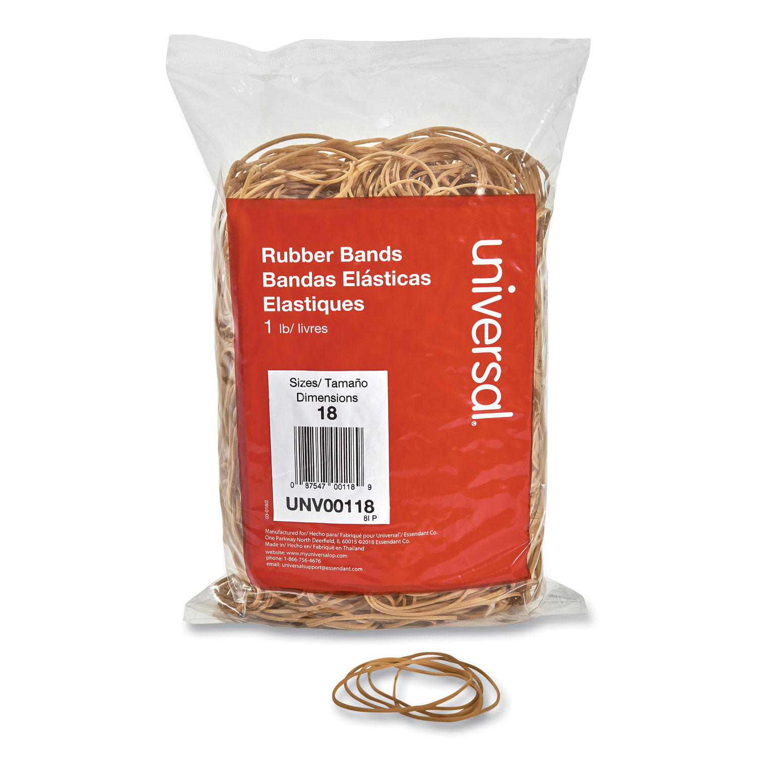 Universal Rubber Bands, Size 18, 1/8" Gauge, Beige, 1 lb Box, 1,600