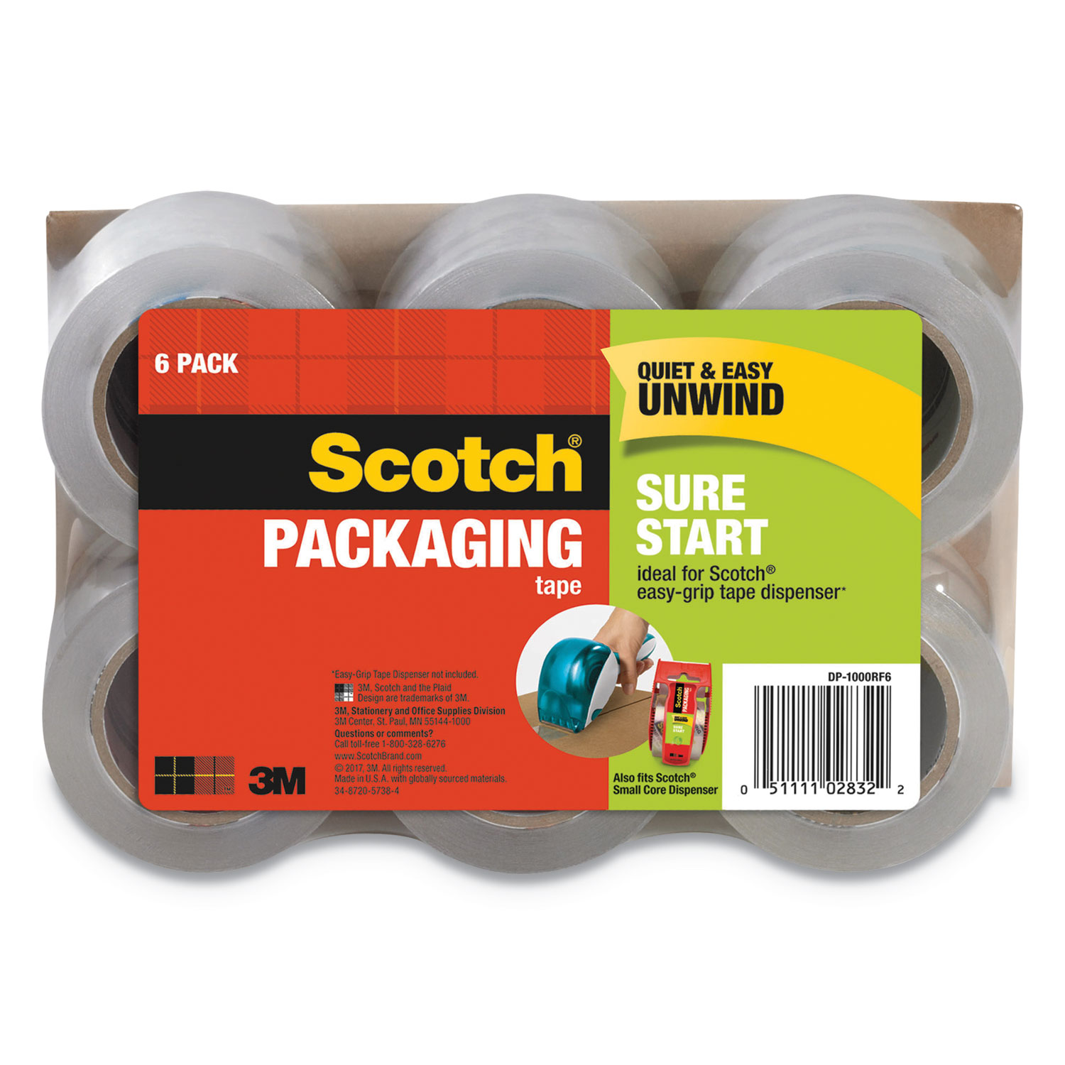 Scotch Sure Start Packaging Tape for DP1000 Dispensers, 1.5" Core, 1.88