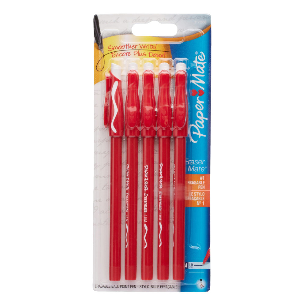 Paper Mate EraserMate Pens, Medium Point, 1.0 mm, Red Barrel, Red Ink