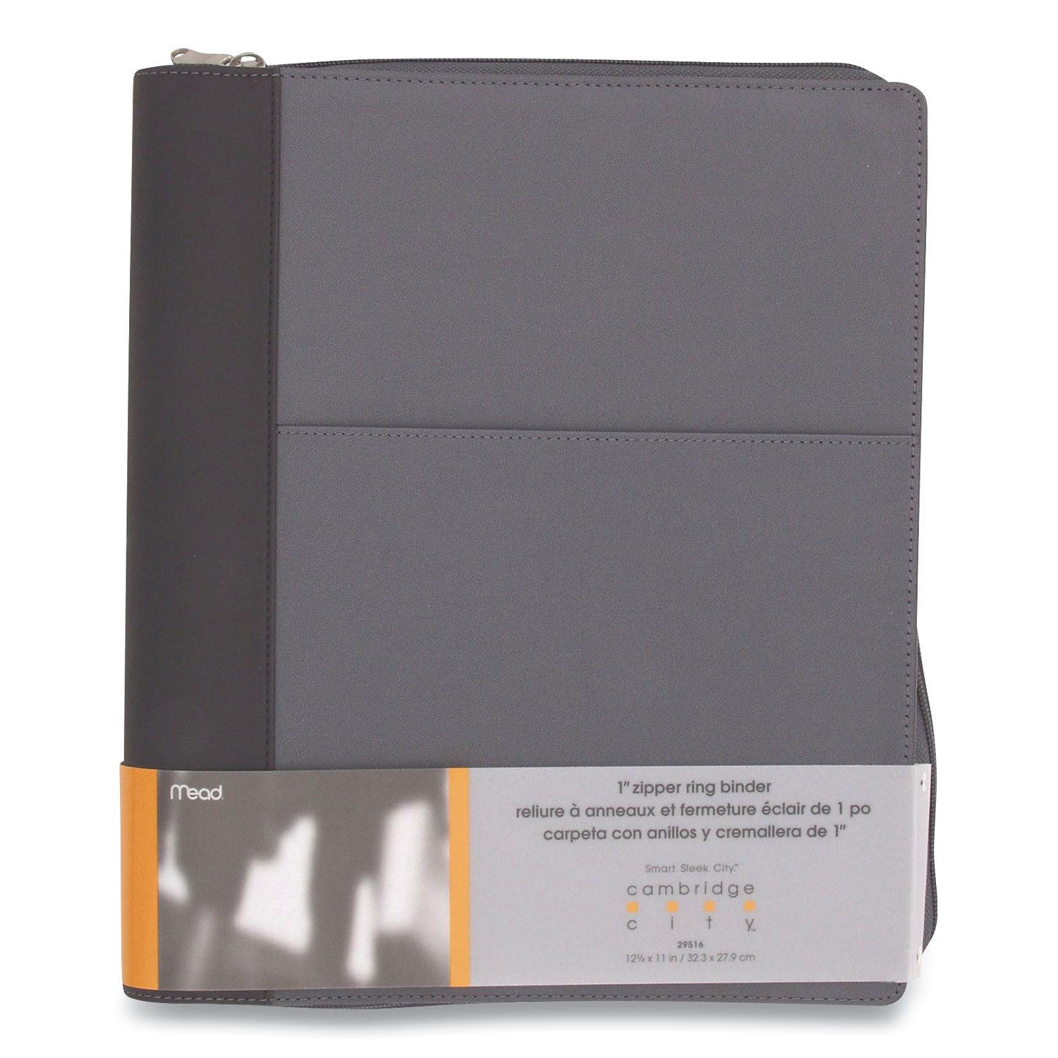 Mead Cambridge City Zipper Binder, 3 Rings, 1" Capacity, 11 x 8.5, Gray