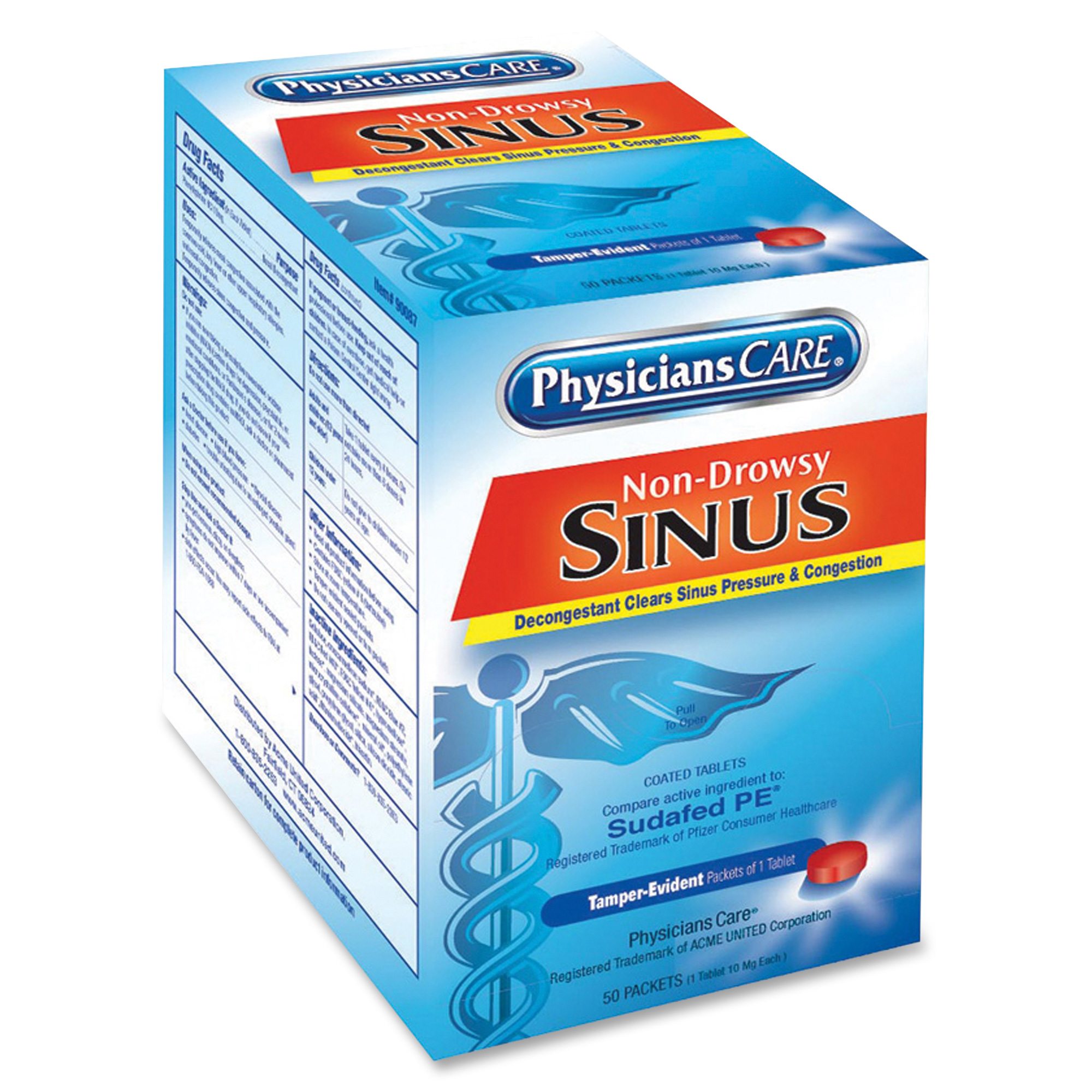 PhysiciansCare Sinus Decongestant Congestion Medication, 10mg, One Tablet/Pack, 50 Packs/Box