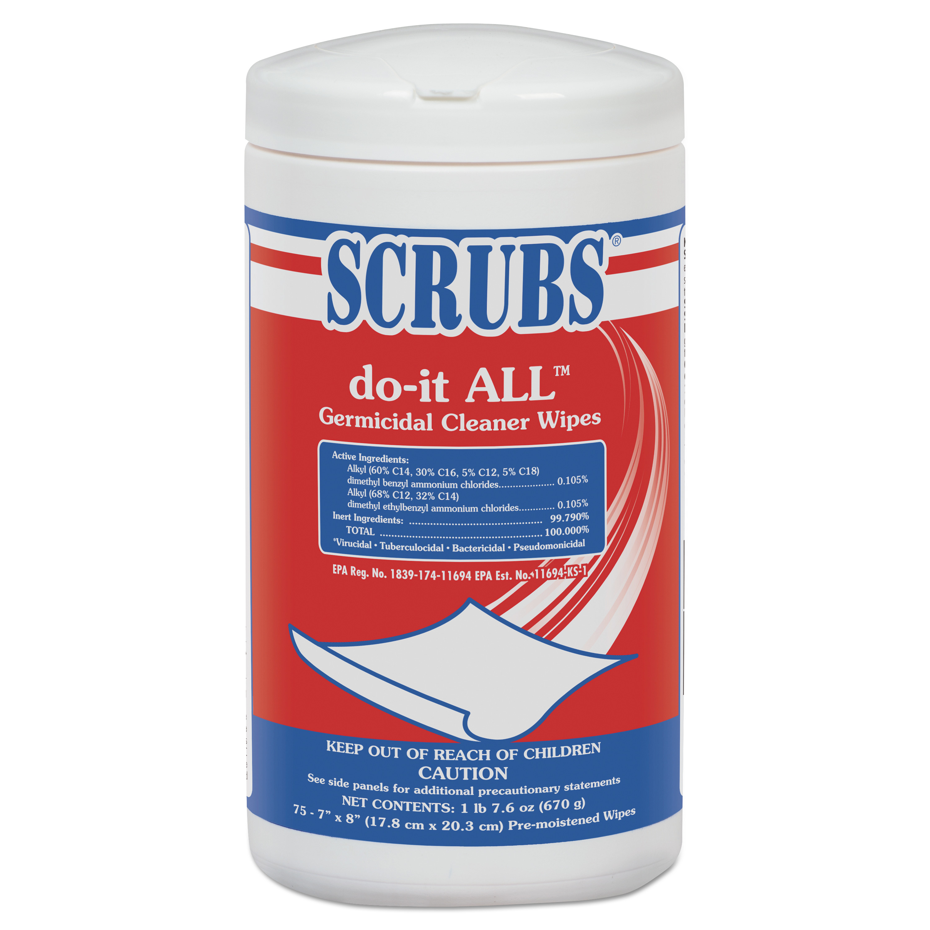SCRUBS doit ALL Germicidal Cleaner Wipes, Lemon, 7 x 8, White, 75