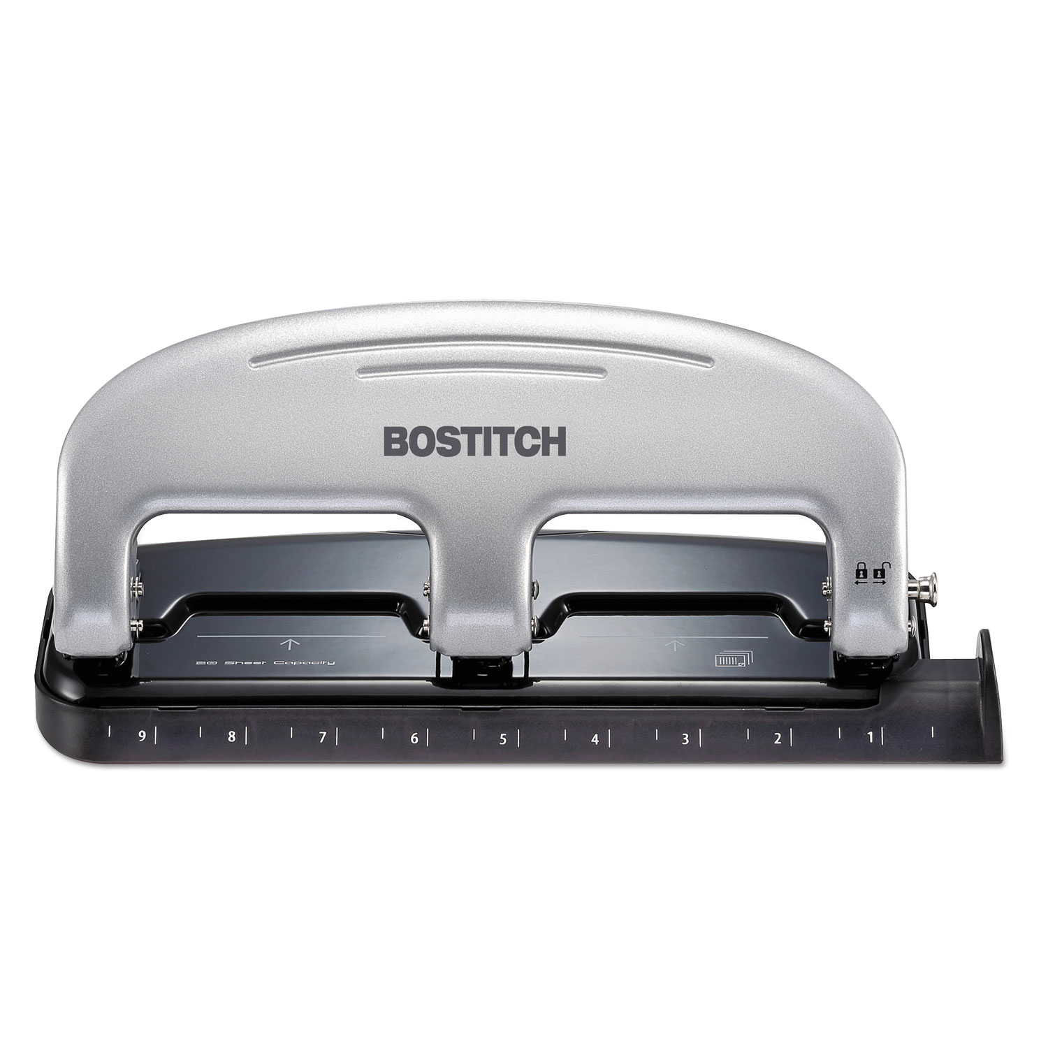 Bostitch EZ Squeeze ThreeHole Punch, 20Sheet Capacity, Black/Silver