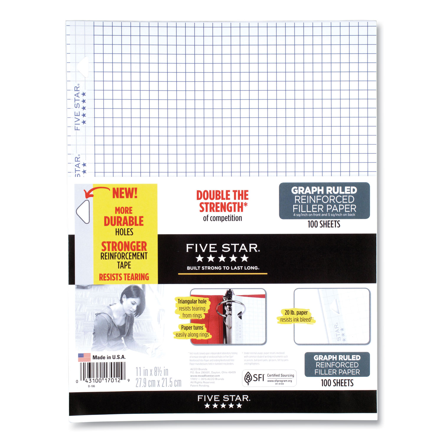 Five Star Reinforced Filler Paper, 3Hole, 8.5 x 11, Graph Ruled, 100