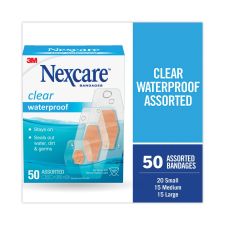 Nexcare Waterproof, Clear Bandages, Assorted Sizes, 50/Box Nexcare Waterproof, Clear Bandages, Assorted Sizes, 50/Box