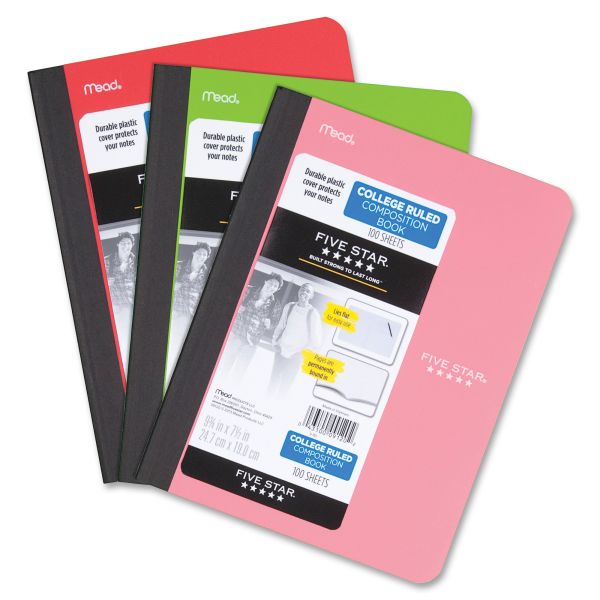 MEA09120 Five Star Composition Book, College Rule, 9 3/4 x 7 1/2, 1 Subject, 100 Sheets, Assorted