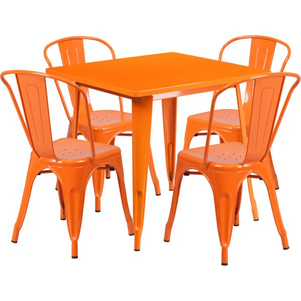FHFETCT002430ORGG Flash Furniture 31.5'' Square Orange Metal Indoor-Outdoor Table Set with 4 Stack Chairs