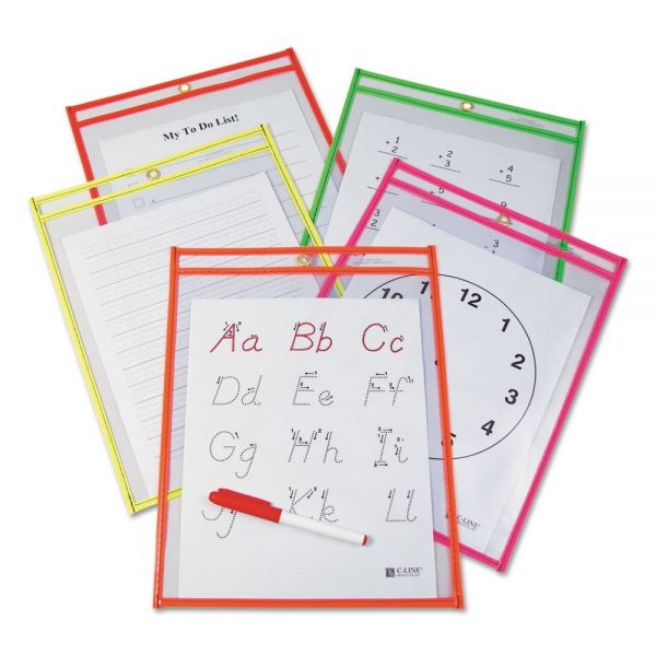 CLI40810 C-Line Reusable Dry Erase Pockets, 9 x 12, Assorted Neon Colors, 10/Pack
