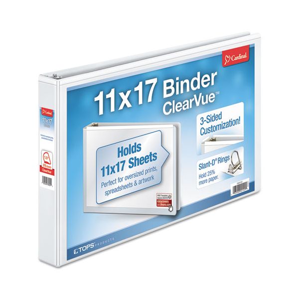 CRD22122 Cardinal 11 x 17 ClearVue 3-Ring Binder, 1 1/2" Capacity, Slant-D Ring, White